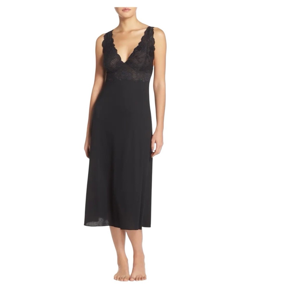 Natori Zen Lace Midi Luxury Nightgown Soft Size XL Grey Black Romantic Comfort